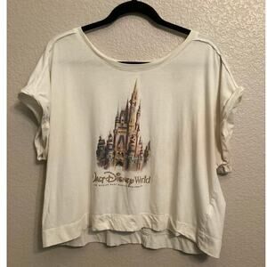 Disney Parks World 50th Anniversary Fantasyland Castle Cream Color Cropped Tee L